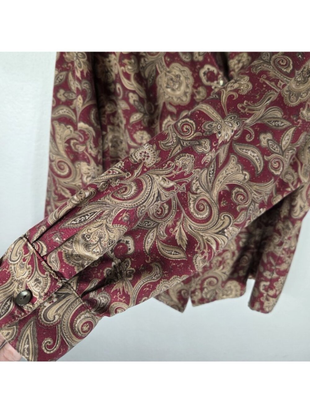 Vintage Talbots 18W Silk Wool Button Down Shirt 90s Pasley Burgundy Tan - Picture 9 of 16
